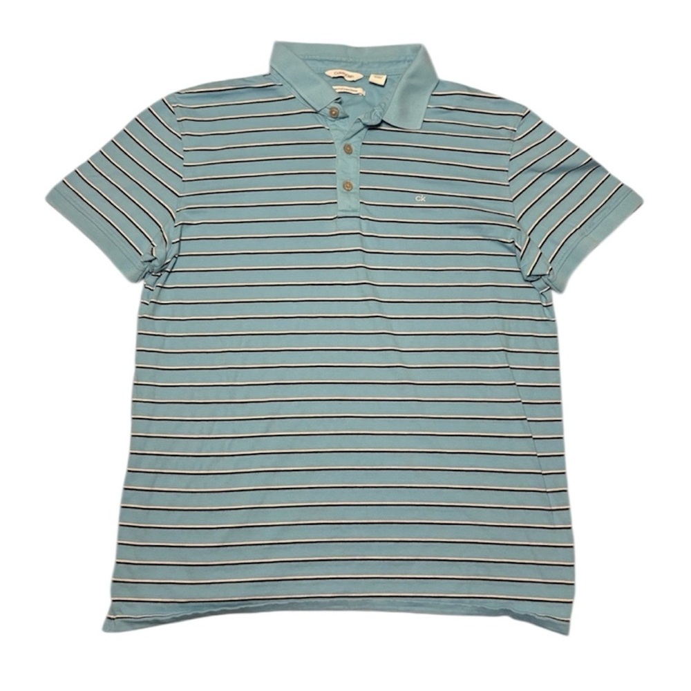 Calvin Klein Men’s Aqua and White Striped Polo Shirt